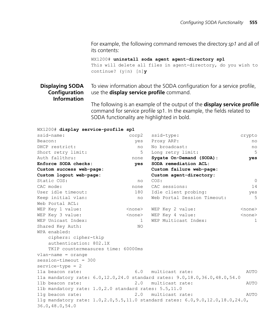 Displaying soda configuration information | 3Com WX4400 3CRWX440095A User Manual | Page 555 / 728