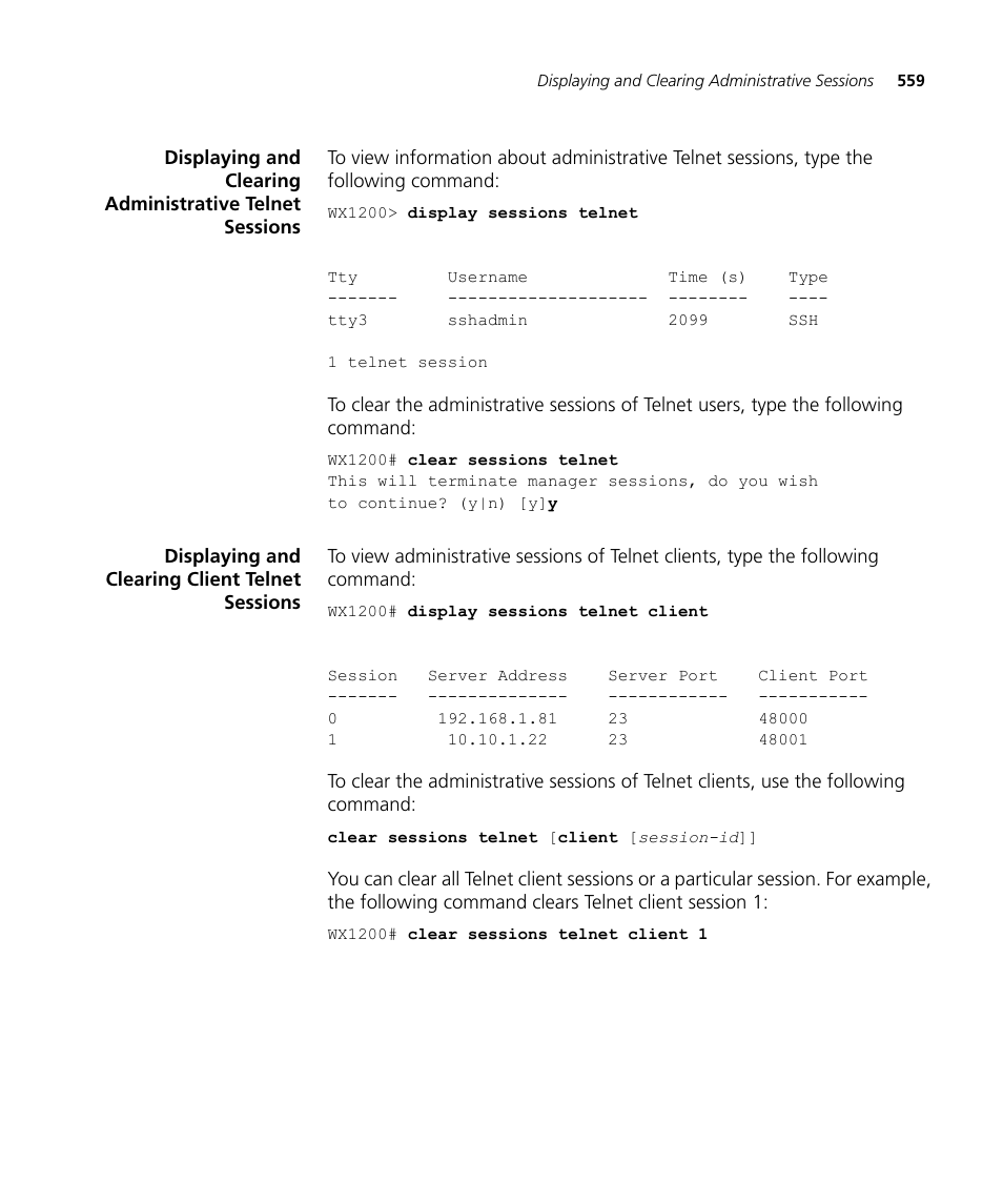 Displaying and clearing client telnet sessions | 3Com WX4400 3CRWX440095A User Manual | Page 559 / 728