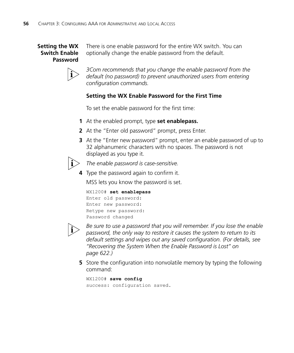 Setting the wx switch enable password, Setting the wx enable password for the first time | 3Com WX4400 3CRWX440095A User Manual | Page 56 / 728