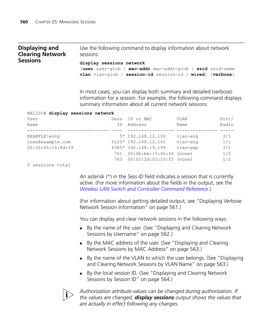 Displaying and clearing network sessions | 3Com WX4400 3CRWX440095A User Manual | Page 560 / 728