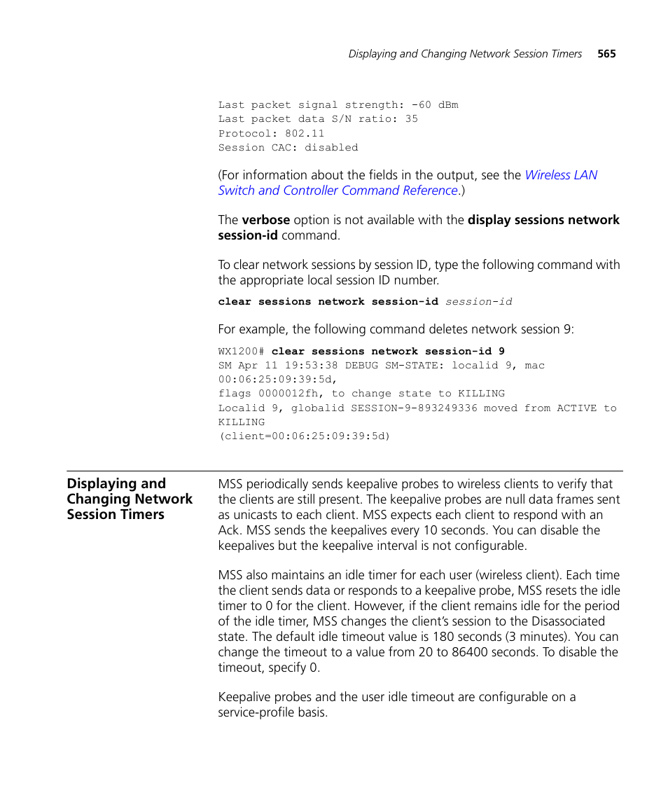 Displaying and changing network session timers | 3Com WX4400 3CRWX440095A User Manual | Page 565 / 728