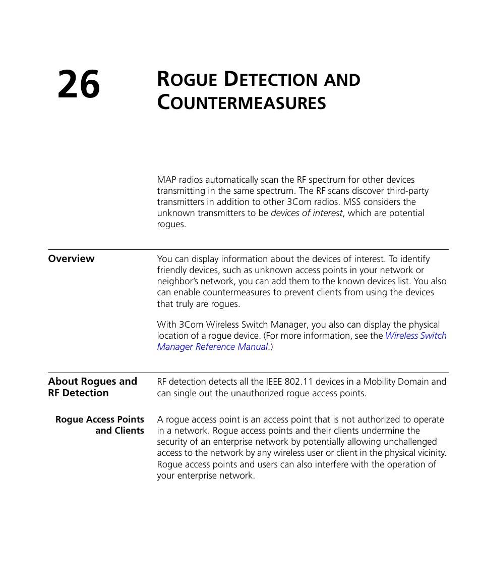 Rogue detection and countermeasures, Overview, About rogues and rf detection | Rogue access points and clients, Ogue, Etection, Ountermeasures | 3Com WX4400 3CRWX440095A User Manual | Page 567 / 728