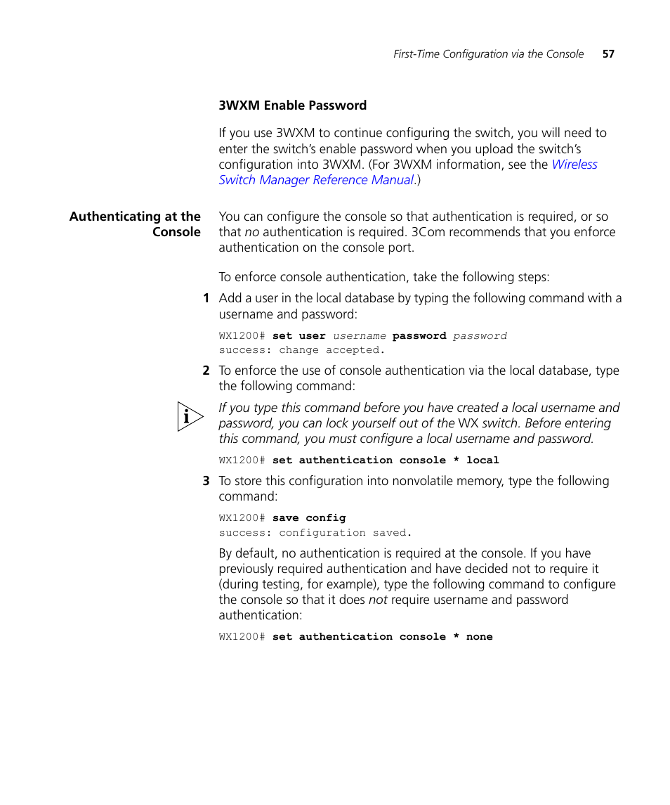 3wxm enable password, Authenticating at the console | 3Com WX4400 3CRWX440095A User Manual | Page 57 / 728