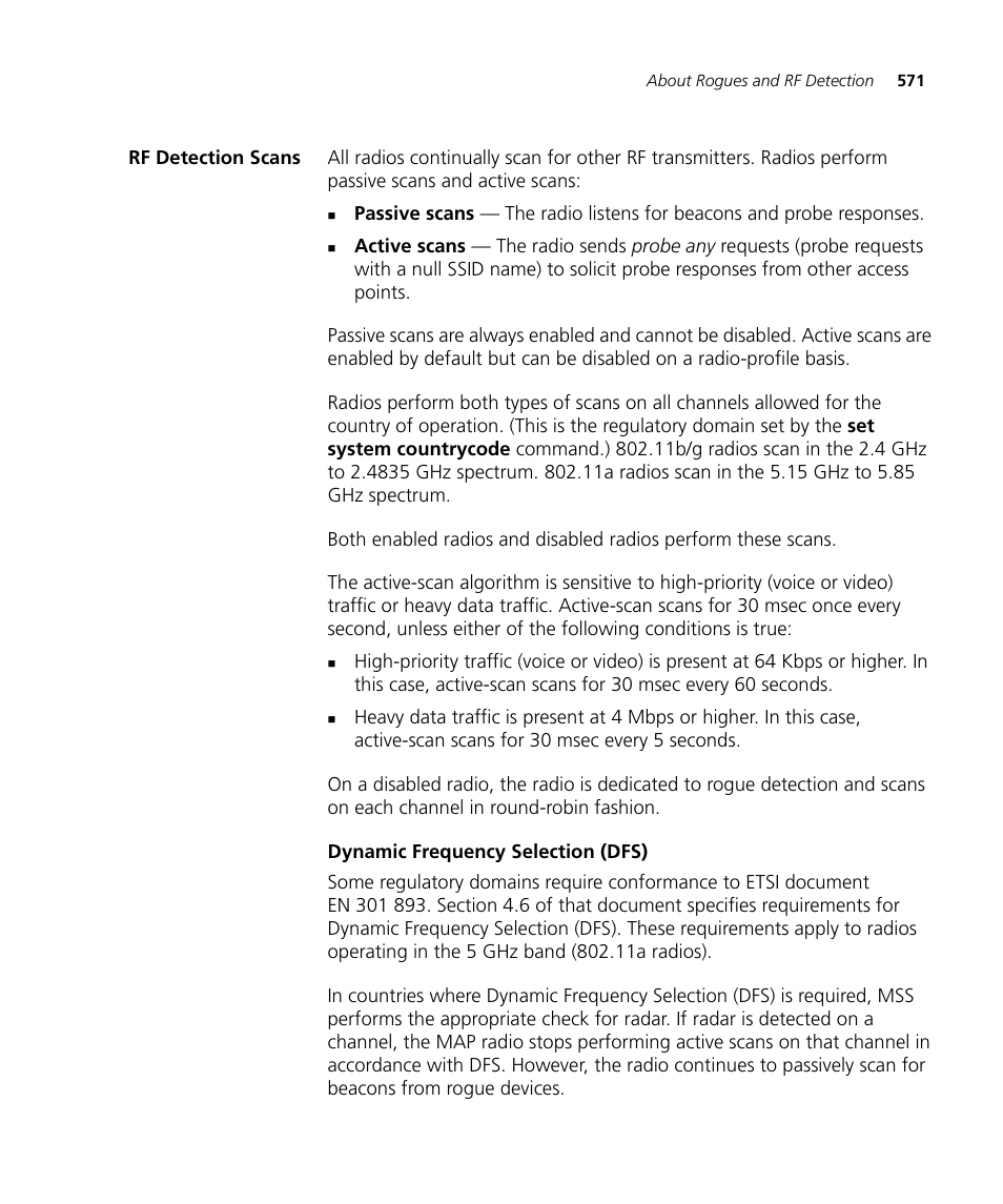 Rf detection scans, Dynamic frequency selection (dfs) | 3Com WX4400 3CRWX440095A User Manual | Page 571 / 728