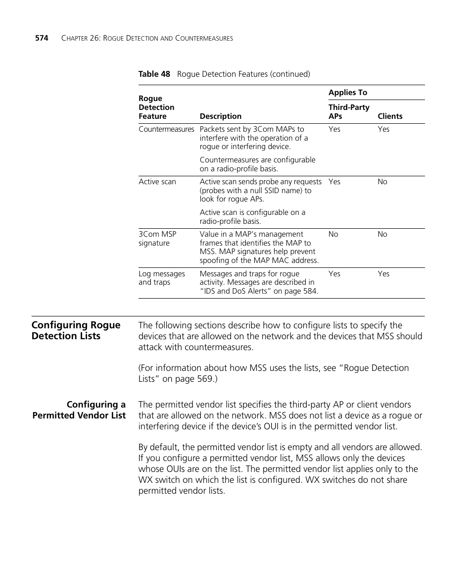 Configuring rogue detection lists, Configuring a permitted vendor list | 3Com WX4400 3CRWX440095A User Manual | Page 574 / 728