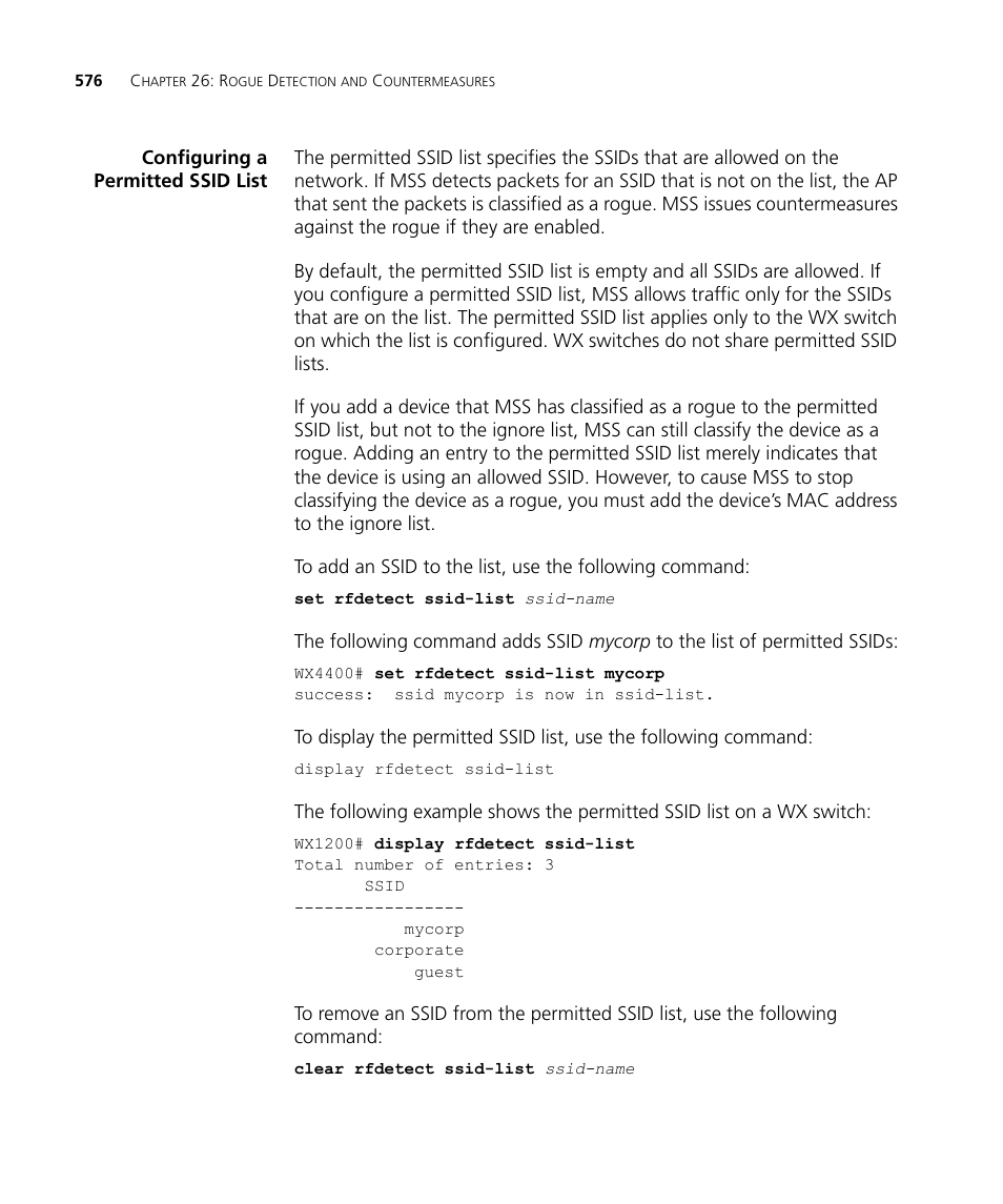 Configuring a permitted ssid list | 3Com WX4400 3CRWX440095A User Manual | Page 576 / 728