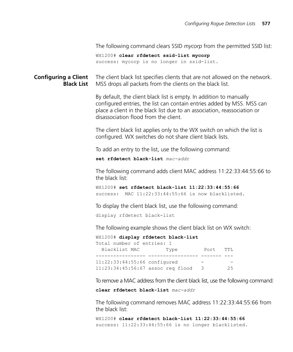 Configuring a client black list | 3Com WX4400 3CRWX440095A User Manual | Page 577 / 728