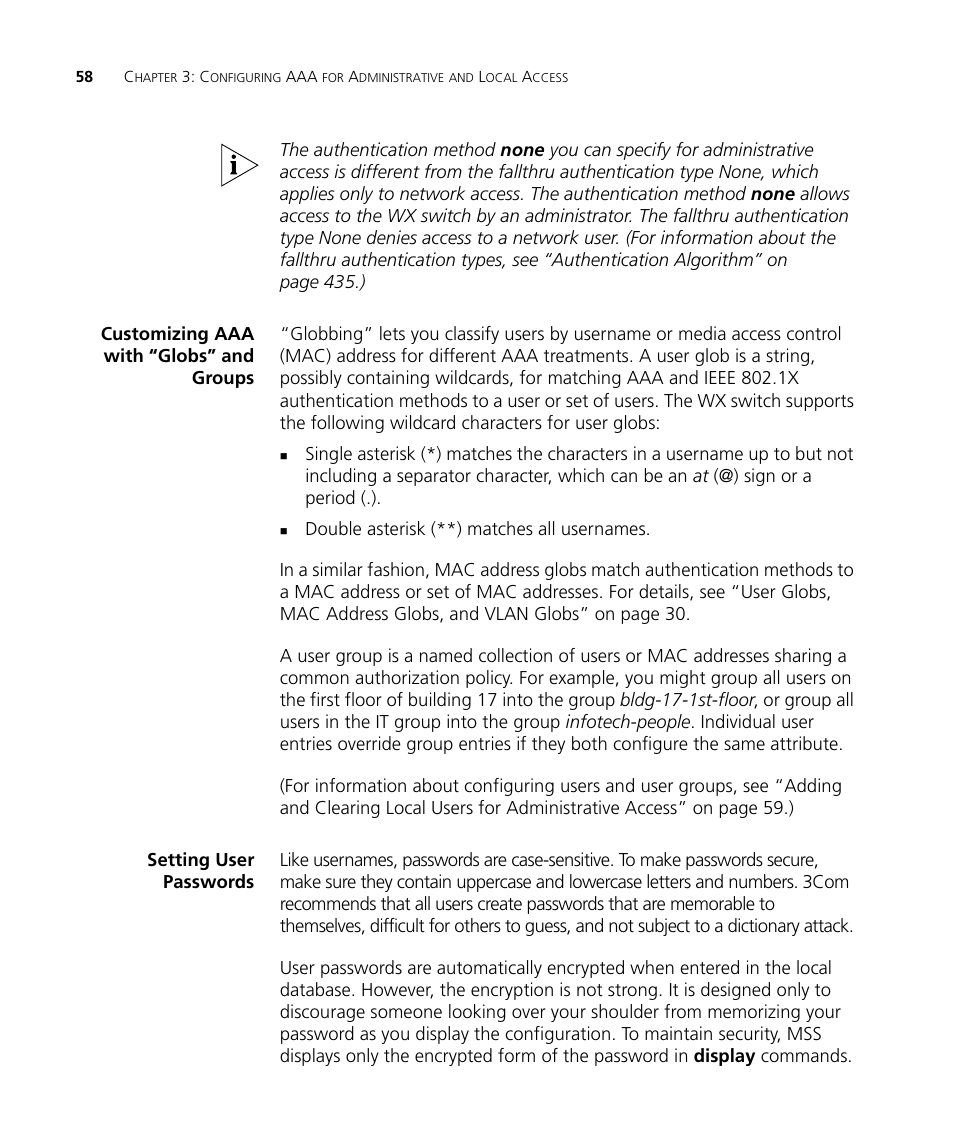 Customizing aaa with “globs” and groups, Setting user passwords | 3Com WX4400 3CRWX440095A User Manual | Page 58 / 728