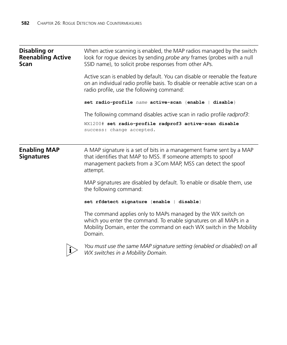 Disabling or reenabling active scan, Enabling map signatures | 3Com WX4400 3CRWX440095A User Manual | Page 582 / 728
