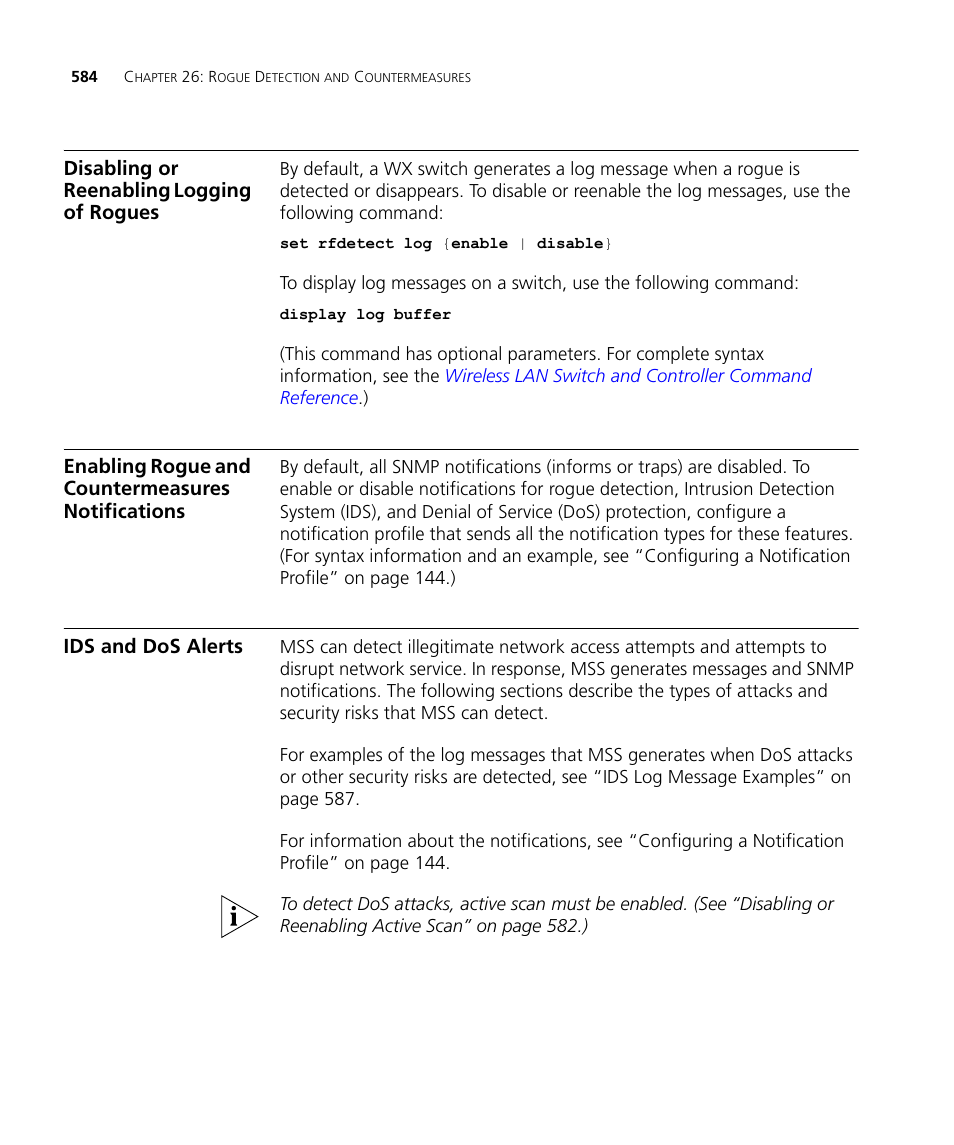Disabling or reenabling logging of rogues, Enabling rogue and countermeasures notifications, Ids and dos alerts | 3Com WX4400 3CRWX440095A User Manual | Page 584 / 728