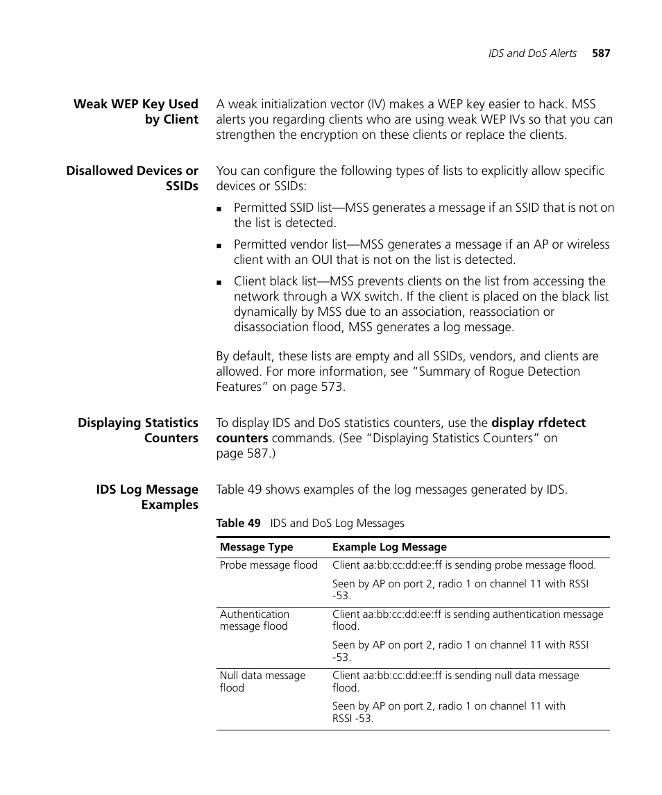 Weak wep key used by client, Disallowed devices or ssids, Displaying statistics counters | Ids log message examples | 3Com WX4400 3CRWX440095A User Manual | Page 587 / 728