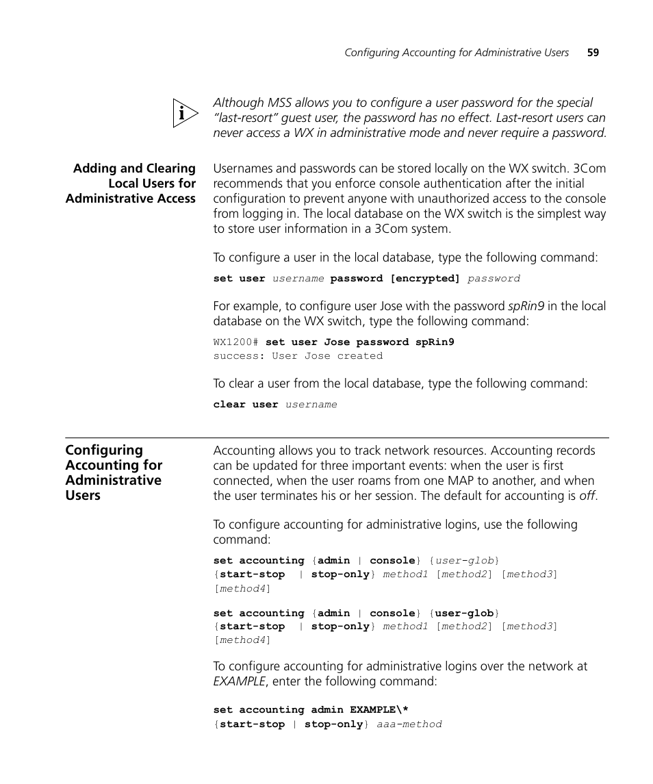 Configuring accounting for administrative users | 3Com WX4400 3CRWX440095A User Manual | Page 59 / 728