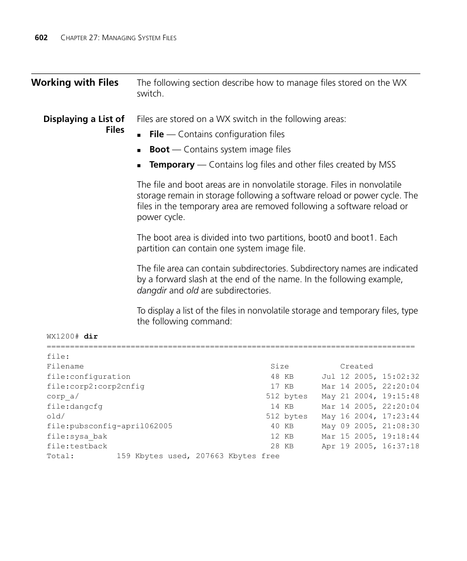 Working with files, Displaying a list of files | 3Com WX4400 3CRWX440095A User Manual | Page 602 / 728