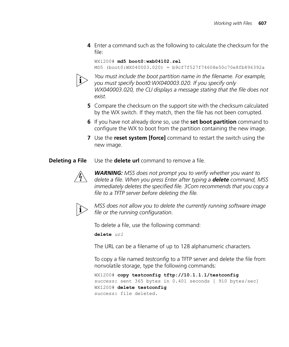 Deleting a file | 3Com WX4400 3CRWX440095A User Manual | Page 607 / 728