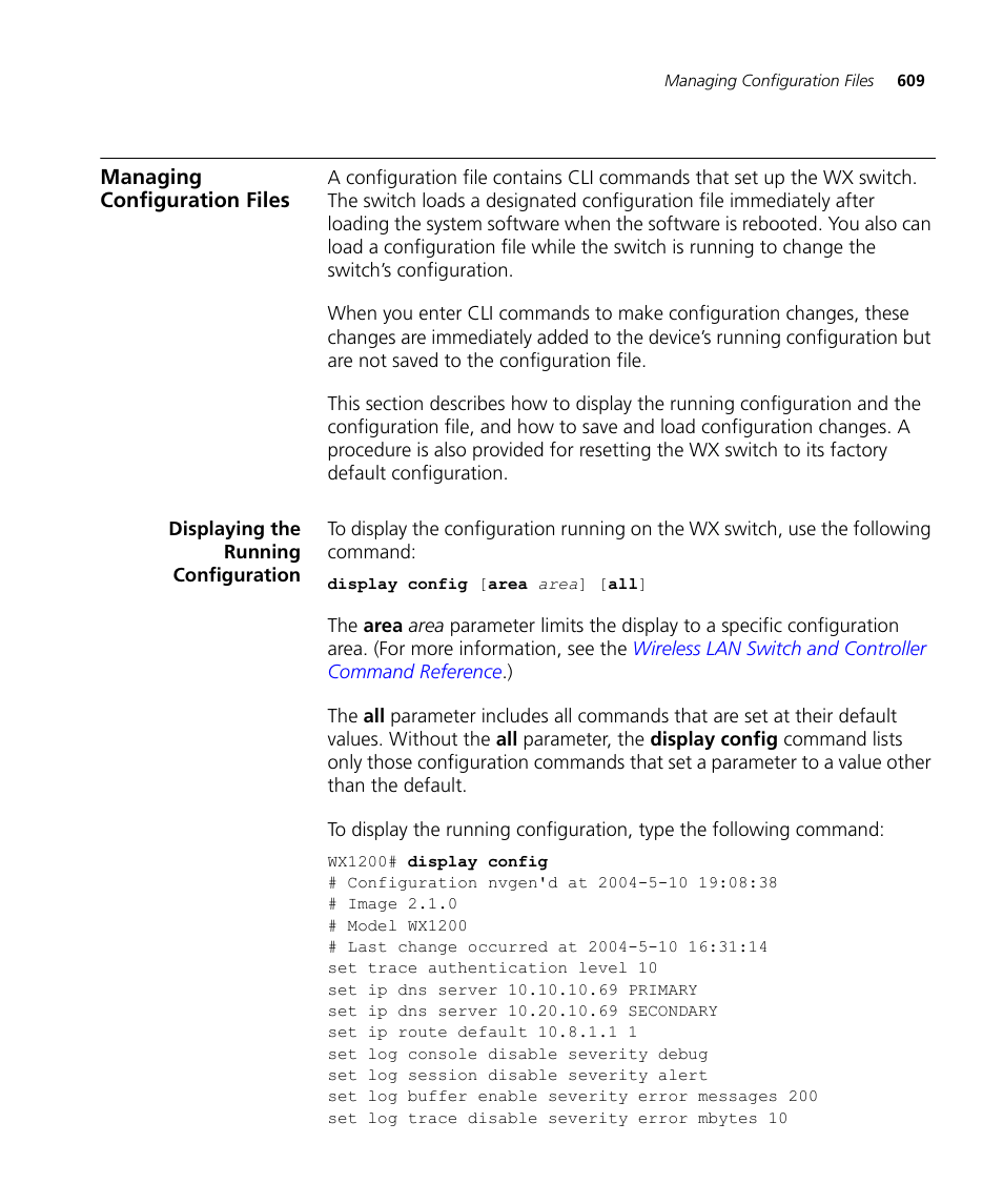 Managing configuration files, Displaying the running configuration | 3Com WX4400 3CRWX440095A User Manual | Page 609 / 728