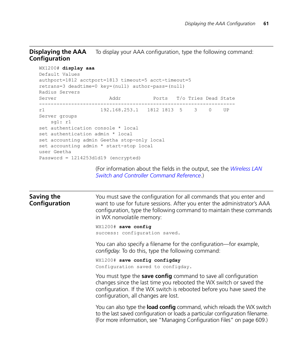 Displaying the aaa configuration, Saving the configuration | 3Com WX4400 3CRWX440095A User Manual | Page 61 / 728