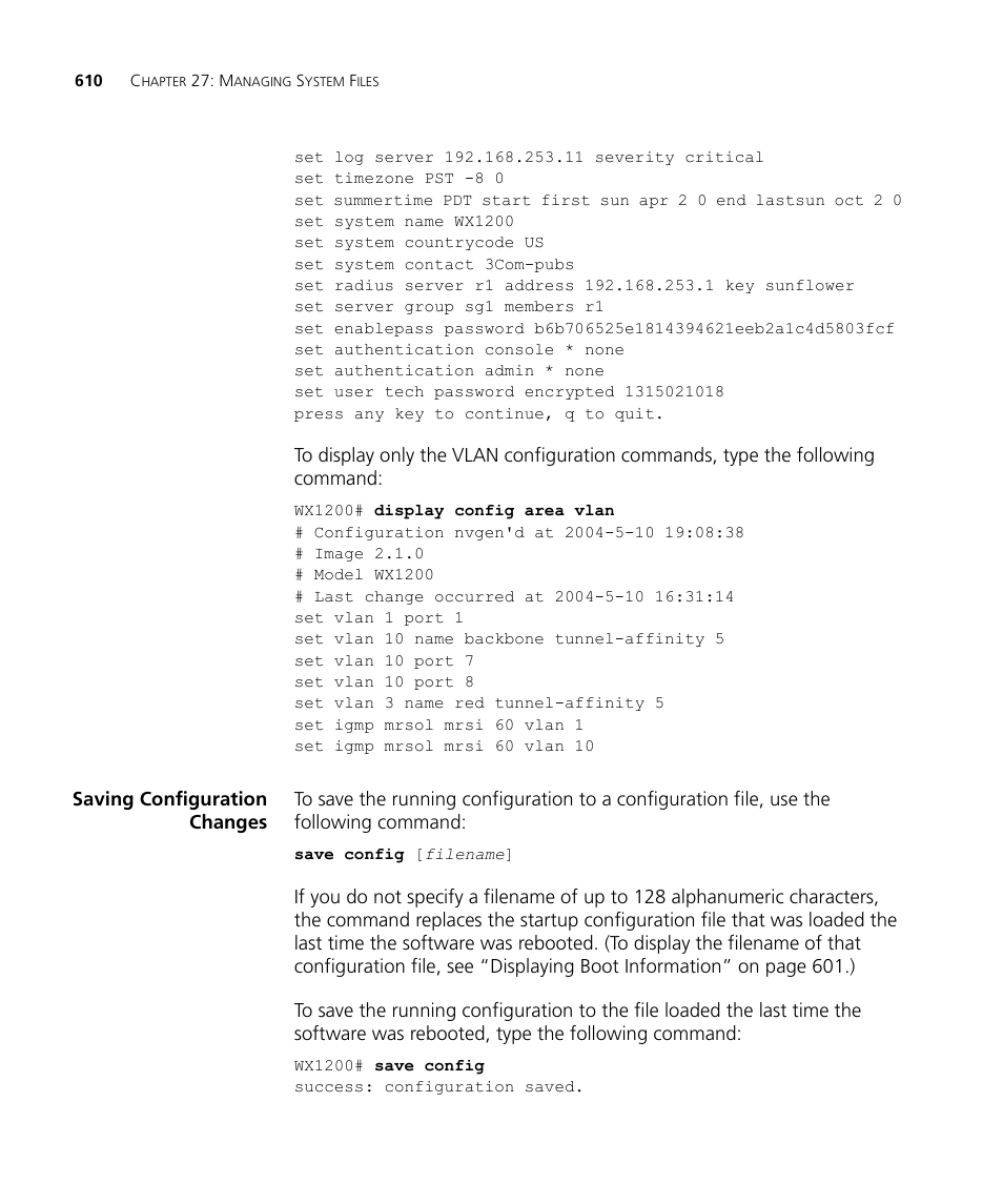 Saving configuration changes | 3Com WX4400 3CRWX440095A User Manual | Page 610 / 728