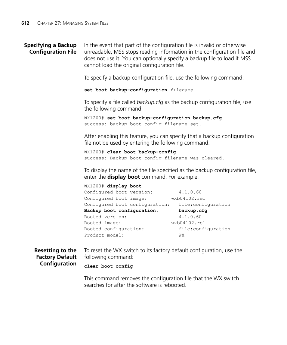 Specifying a backup configuration file, Resetting to the factory default configuration | 3Com WX4400 3CRWX440095A User Manual | Page 612 / 728