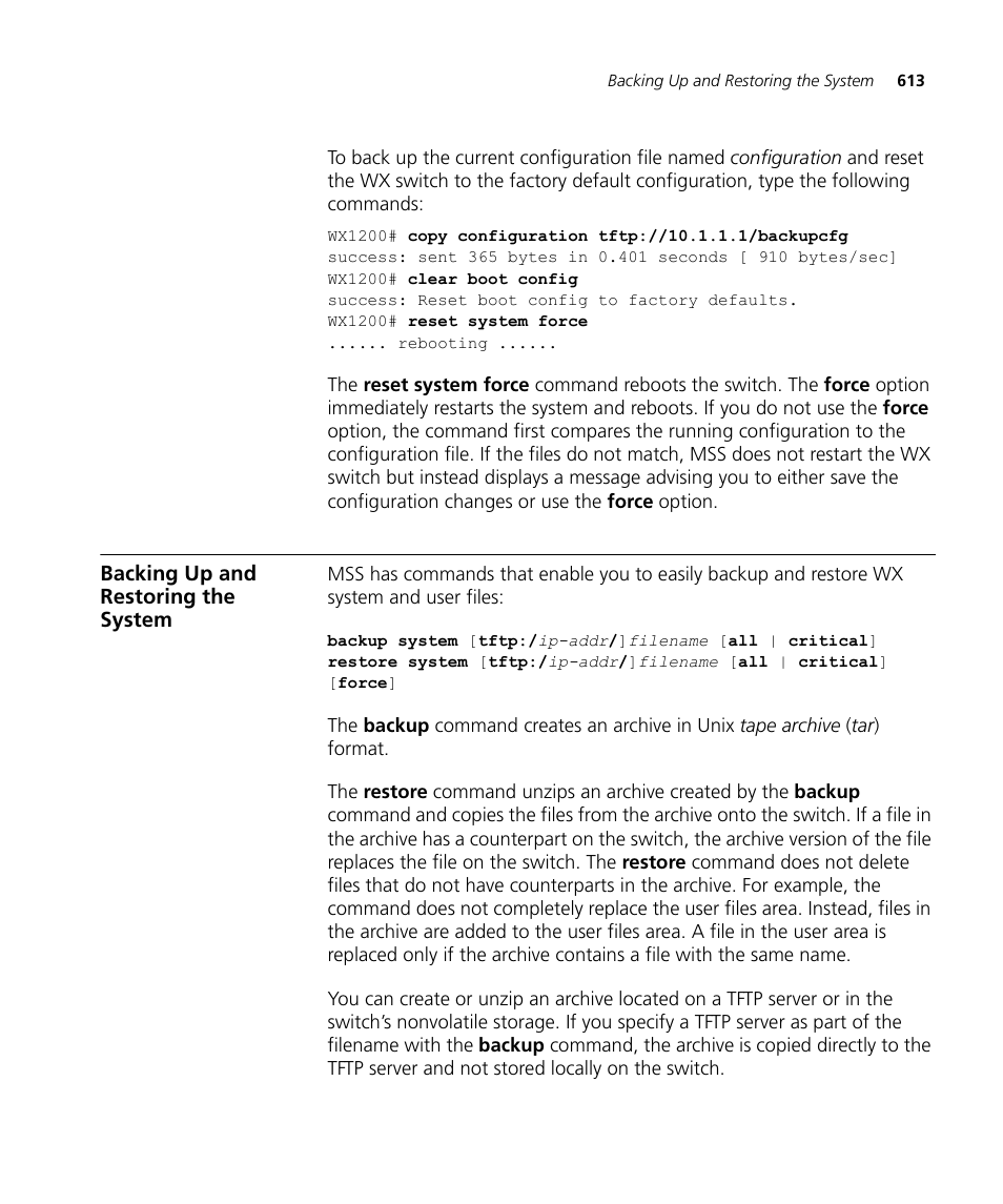 Backing up and restoring the system | 3Com WX4400 3CRWX440095A User Manual | Page 613 / 728