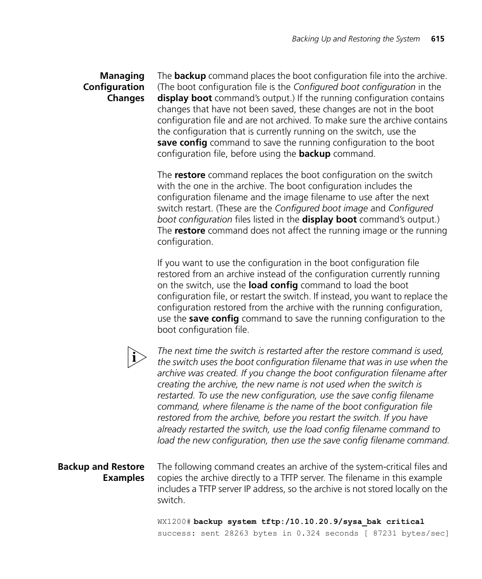 Managing configuration changes, Backup and restore examples | 3Com WX4400 3CRWX440095A User Manual | Page 615 / 728