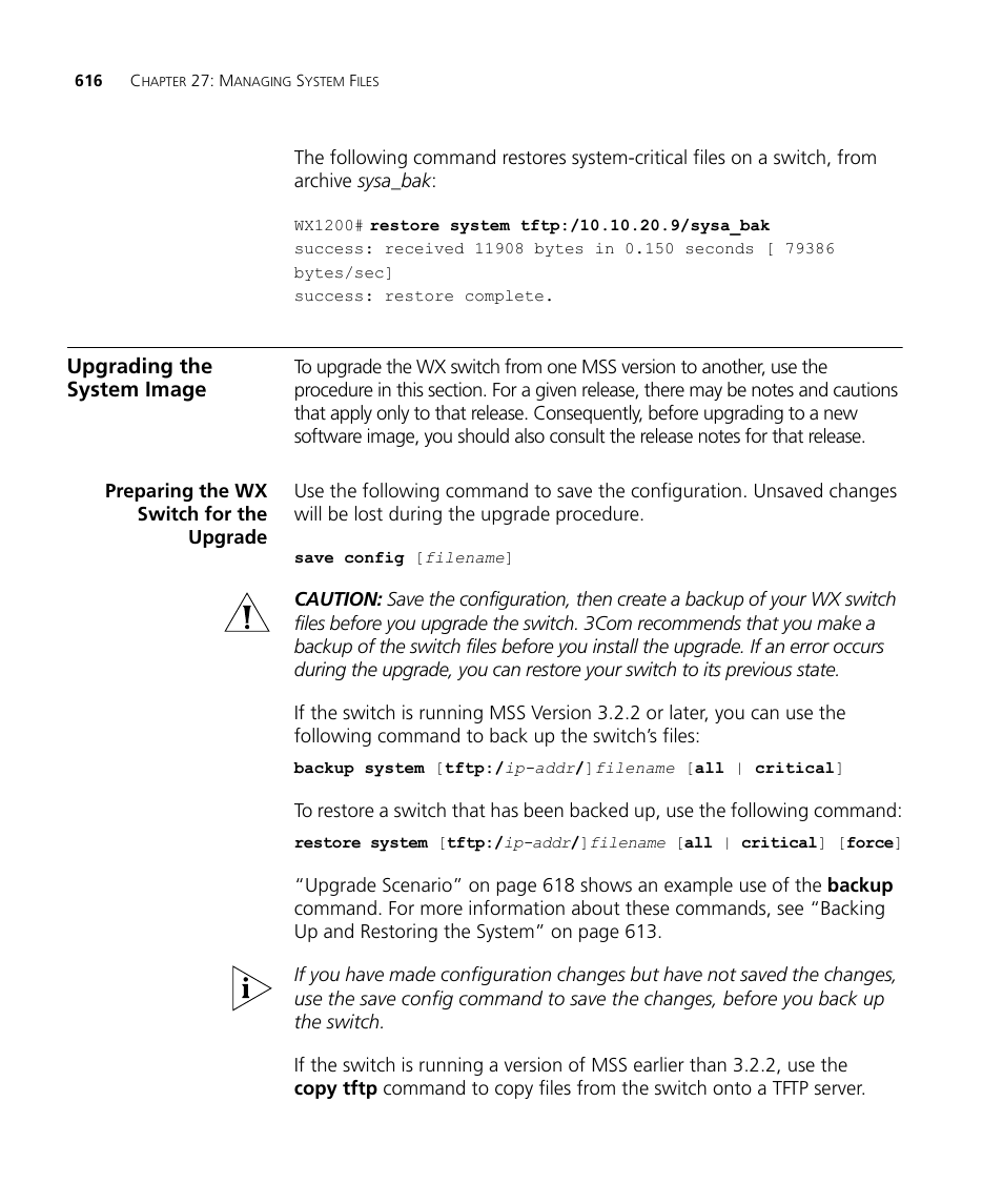 Upgrading the system image, Preparing the wx switch for the upgrade | 3Com WX4400 3CRWX440095A User Manual | Page 616 / 728