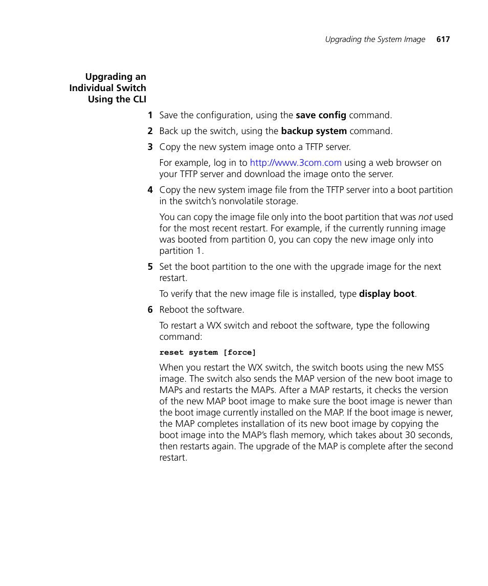 Upgrading an individual switch using the cli | 3Com WX4400 3CRWX440095A User Manual | Page 617 / 728