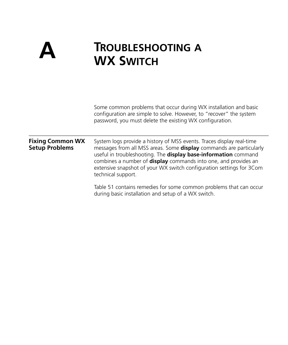 Troubleshooting a wx switch, Fixing common wx setup problems, Roubleshooting | Wx s, Witch | 3Com WX4400 3CRWX440095A User Manual | Page 619 / 728