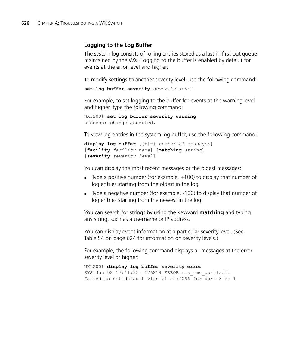 Logging to the log buffer | 3Com WX4400 3CRWX440095A User Manual | Page 626 / 728