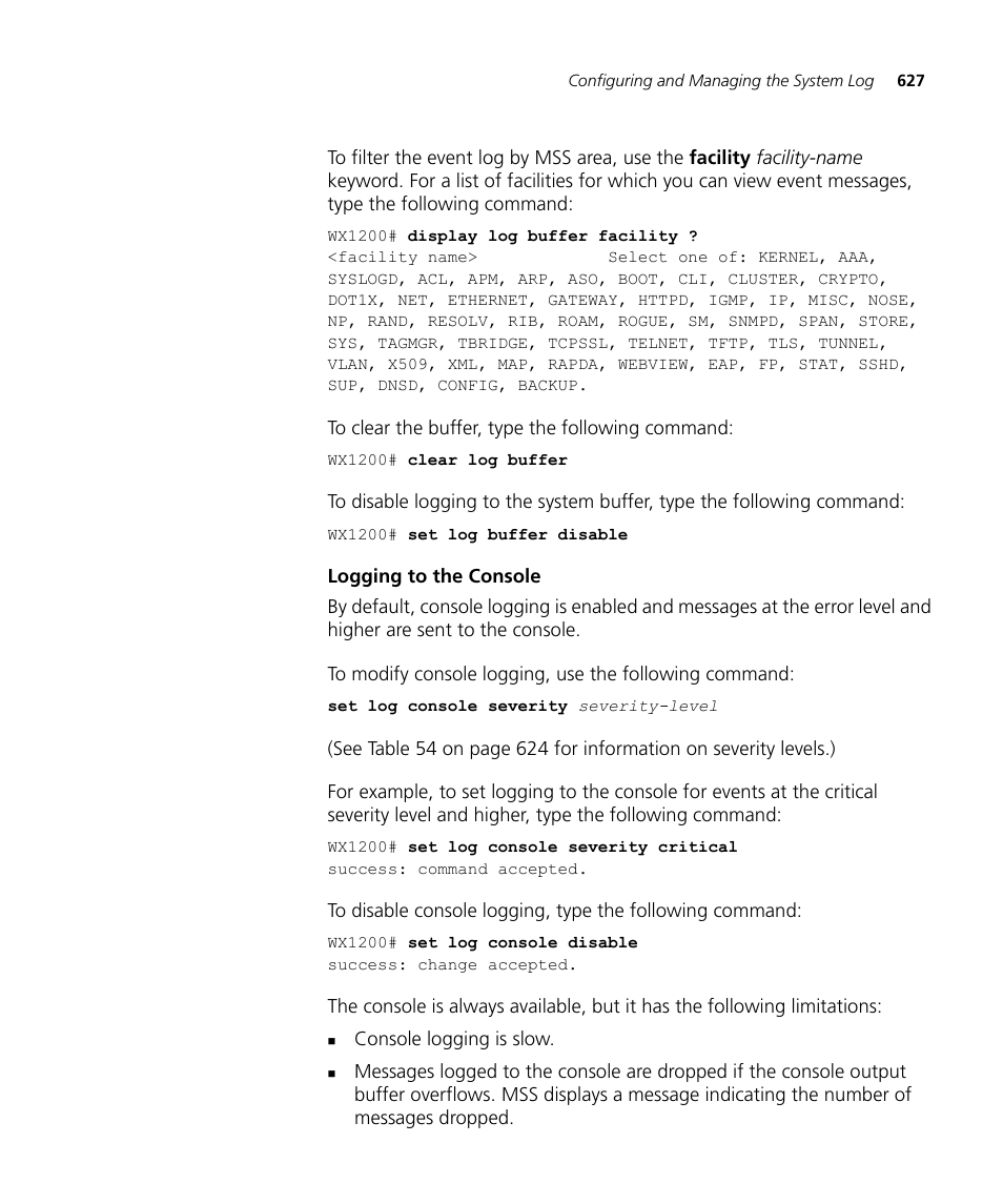 Logging to the console | 3Com WX4400 3CRWX440095A User Manual | Page 627 / 728