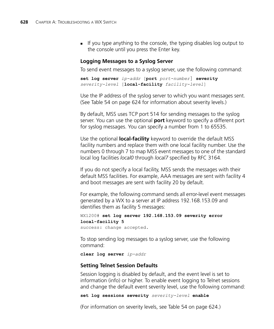 Logging messages to a syslog server, Setting telnet session defaults | 3Com WX4400 3CRWX440095A User Manual | Page 628 / 728