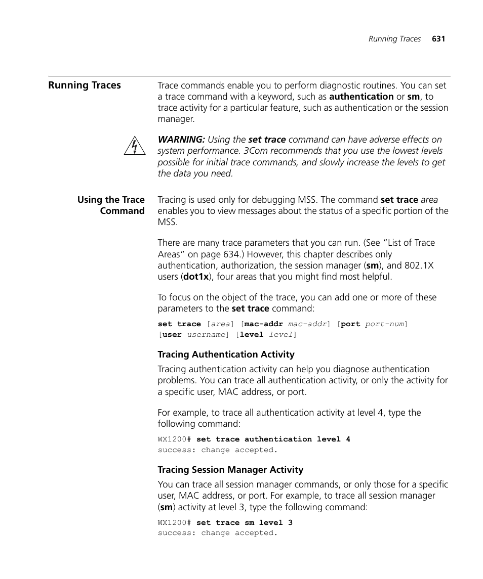Running traces, Using the trace command, Tracing authentication activity | Tracing session manager activity | 3Com WX4400 3CRWX440095A User Manual | Page 631 / 728
