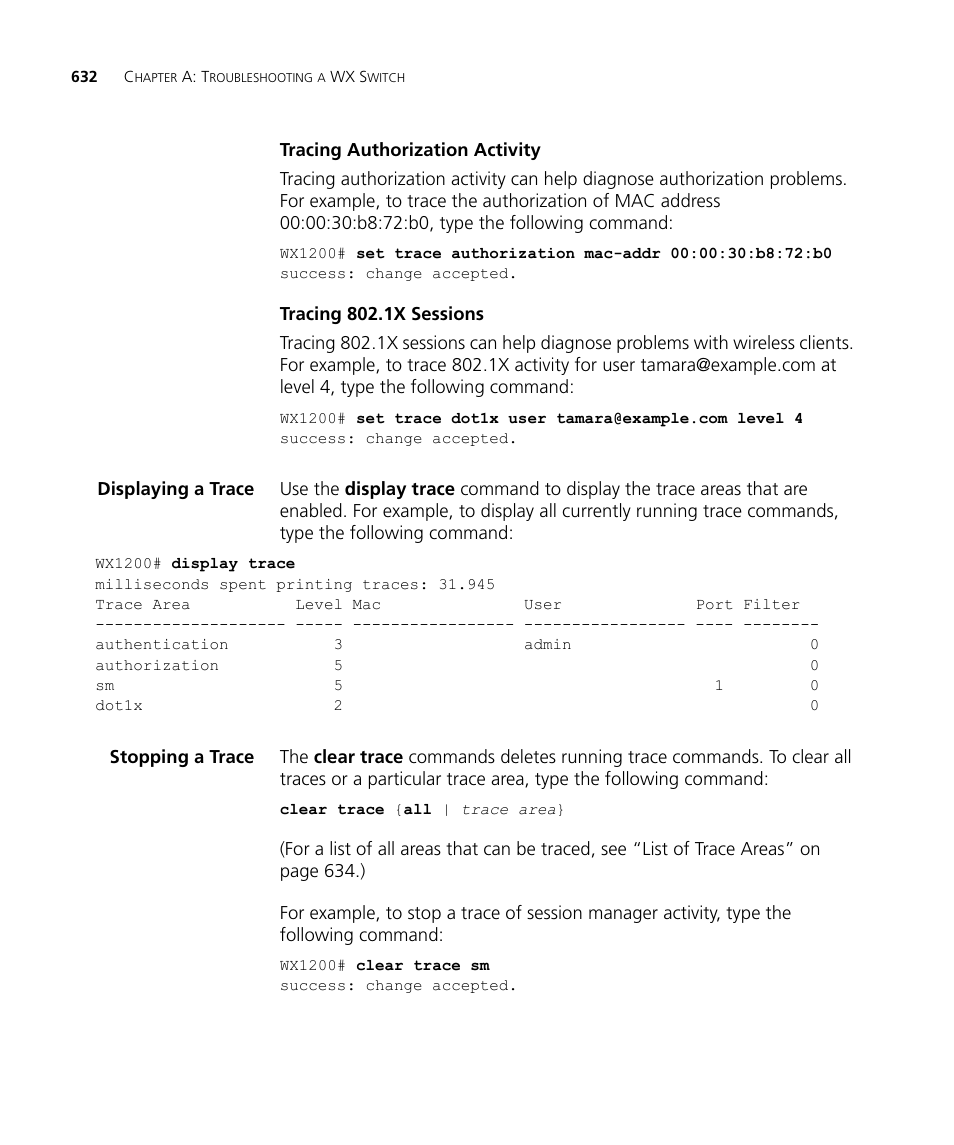 Tracing authorization activity, Tracing 802.1x sessions, Displaying a trace | Stopping a trace | 3Com WX4400 3CRWX440095A User Manual | Page 632 / 728