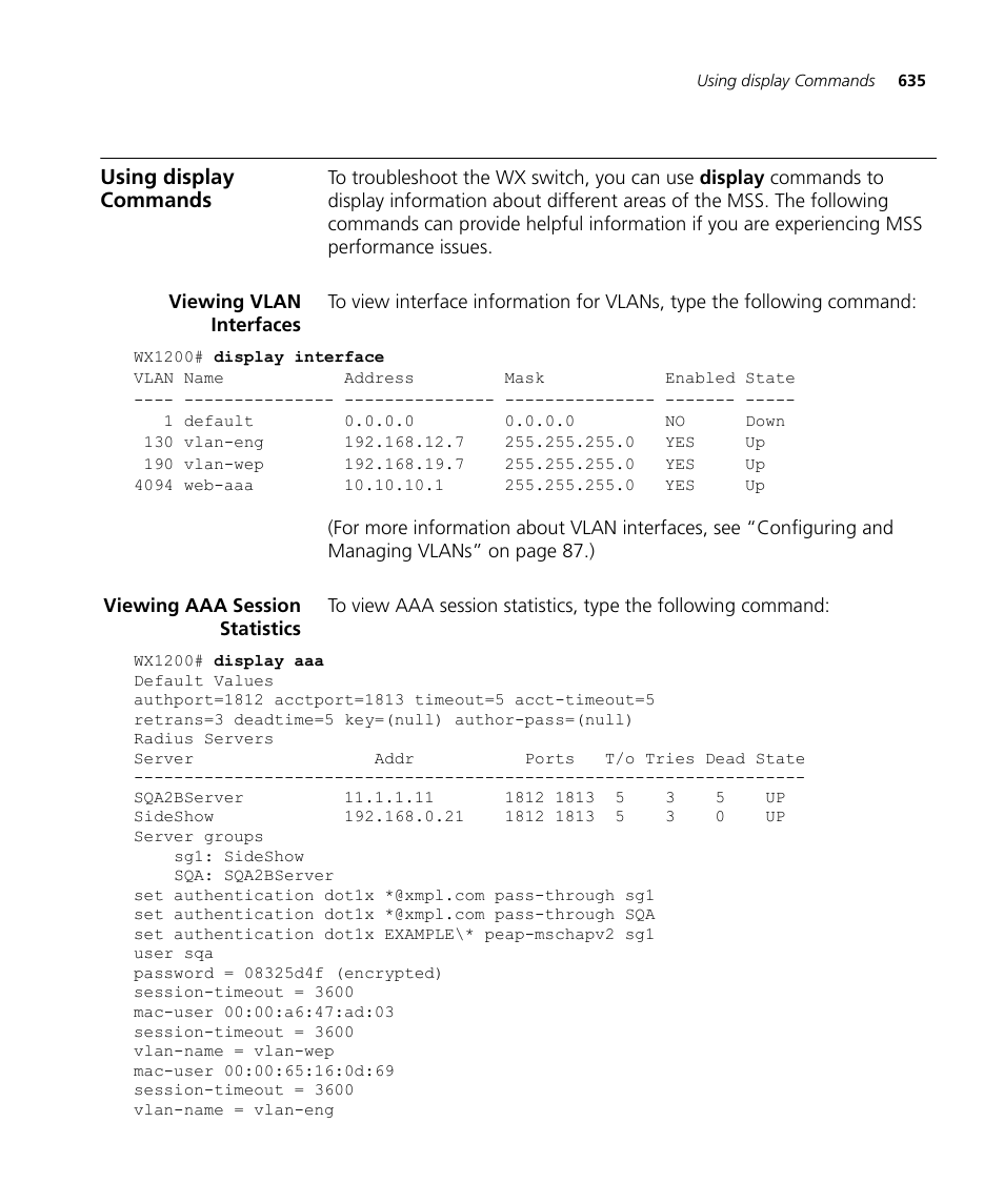 Using display commands, Viewing vlan interfaces, Viewing aaa session statistics | 3Com WX4400 3CRWX440095A User Manual | Page 635 / 728
