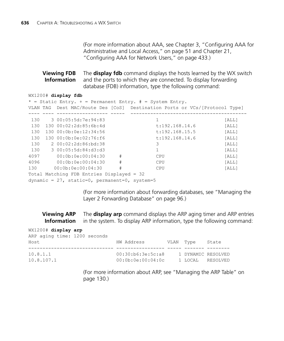 Viewing fdb information, Viewing arp information | 3Com WX4400 3CRWX440095A User Manual | Page 636 / 728