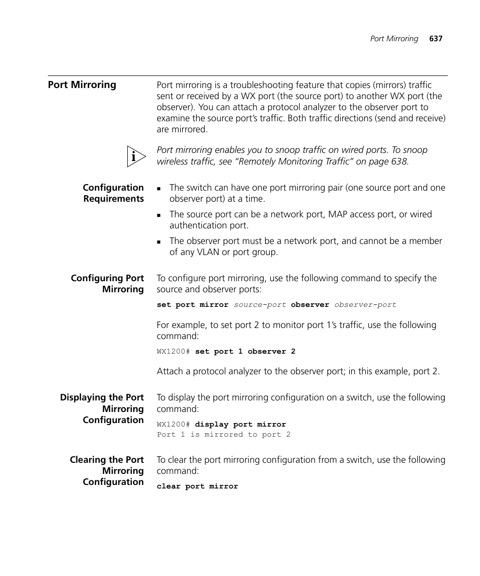 Port mirroring, Configuration requirements, Configuring port mirroring | Displaying the port mirroring configuration, Clearing the port mirroring configuration | 3Com WX4400 3CRWX440095A User Manual | Page 637 / 728