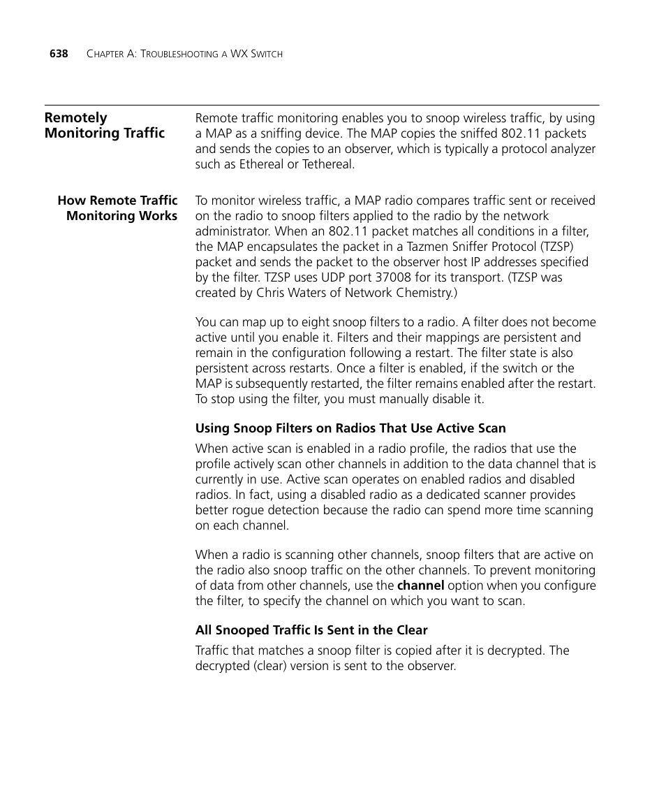 Remotely monitoring traffic, How remote traffic monitoring works, Using snoop filters on radios that use active scan | All snooped traffic is sent in the clear | 3Com WX4400 3CRWX440095A User Manual | Page 638 / 728