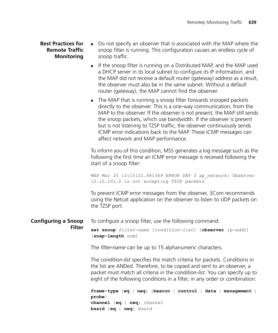 Best practices for remote traffic monitoring, Configuring a snoop filter | 3Com WX4400 3CRWX440095A User Manual | Page 639 / 728