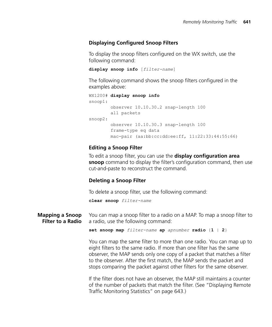 Displaying configured snoop filters, Editing a snoop filter, Deleting a snoop filter | Mapping a snoop filter to a radio | 3Com WX4400 3CRWX440095A User Manual | Page 641 / 728
