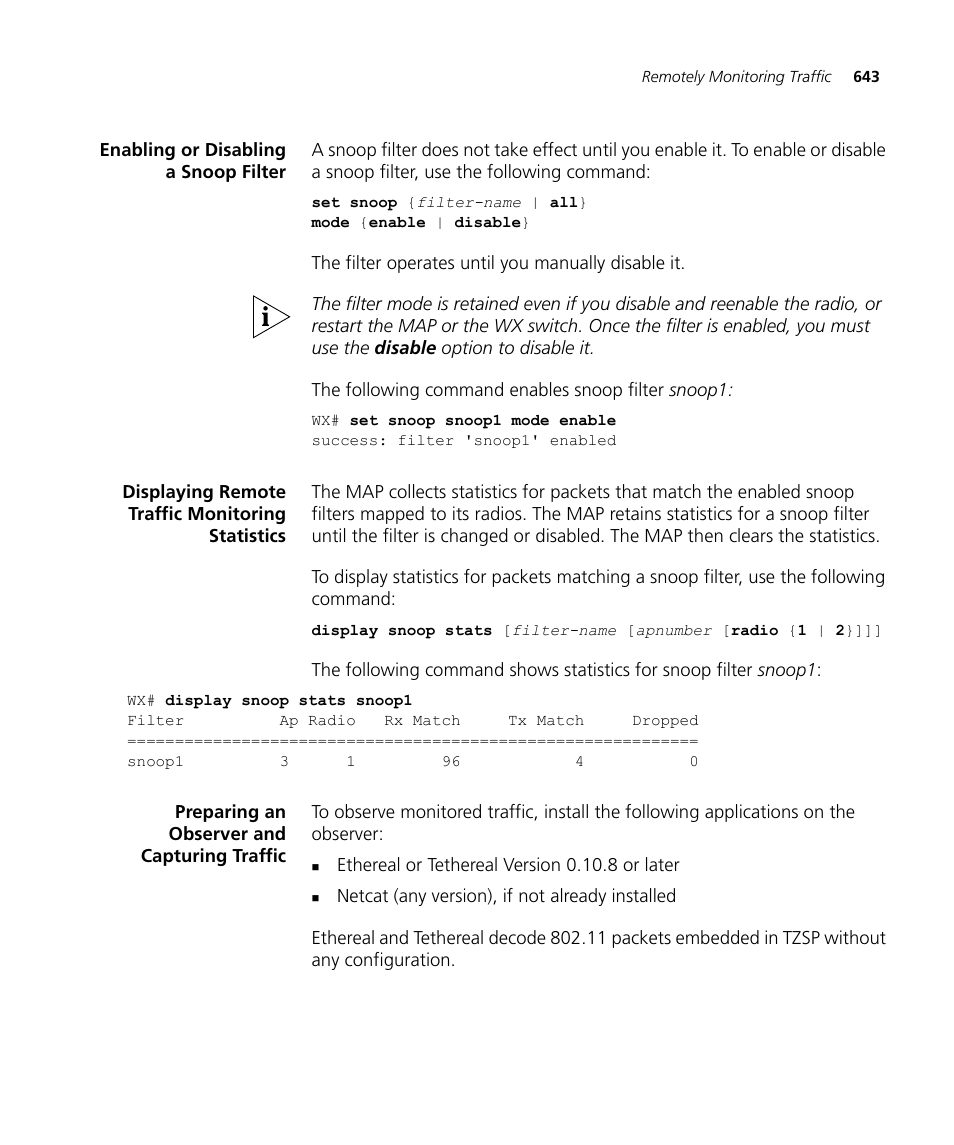 Enabling or disabling a snoop filter, Displaying remote traffic monitoring statistics, Preparing an observer and capturing traffic | 3Com WX4400 3CRWX440095A User Manual | Page 643 / 728