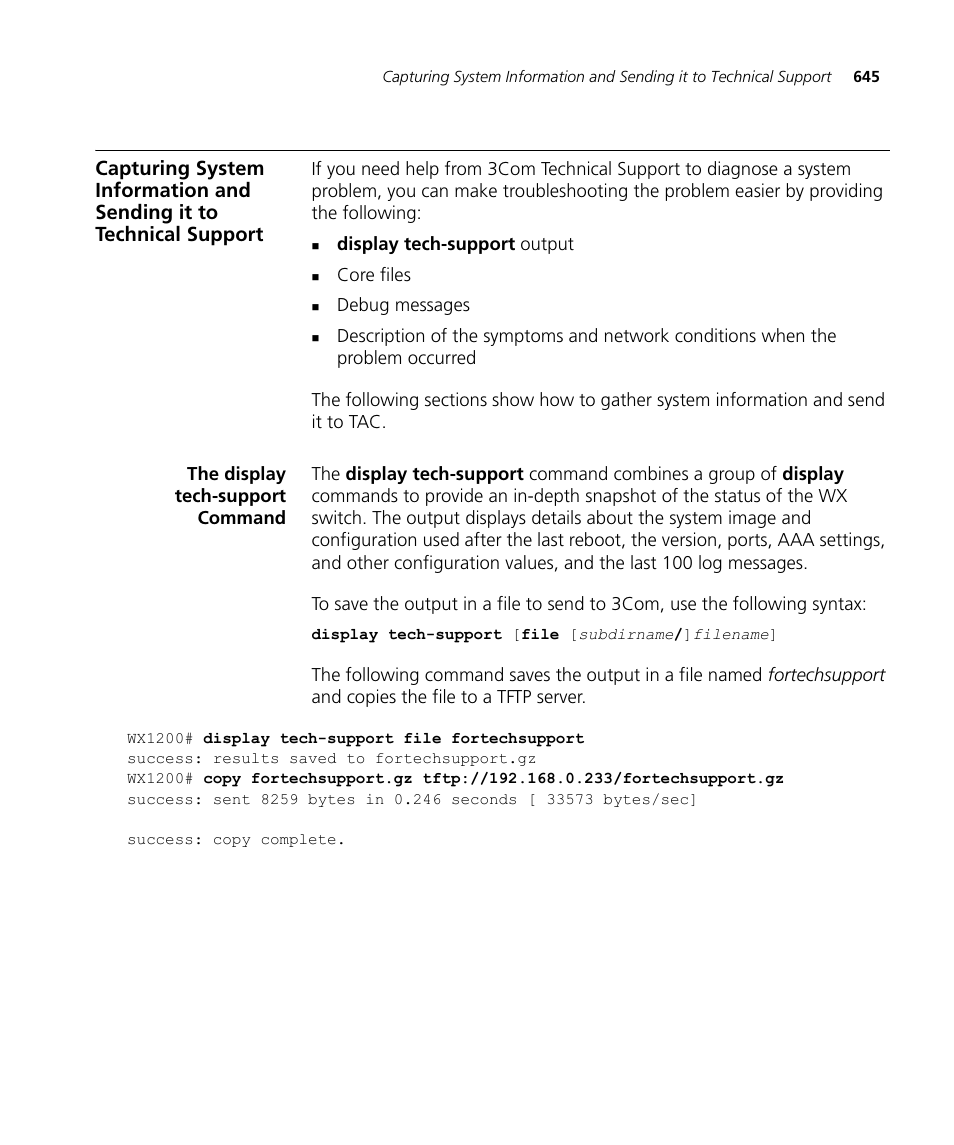 The display tech-support command | 3Com WX4400 3CRWX440095A User Manual | Page 645 / 728
