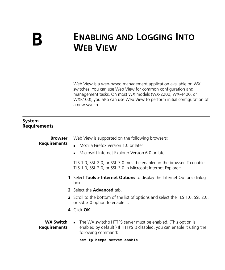 Enabling and logging into web view, System requirements, Browser requirements | Wx switch requirements, Nabling, Ogging | 3Com WX4400 3CRWX440095A User Manual | Page 649 / 728
