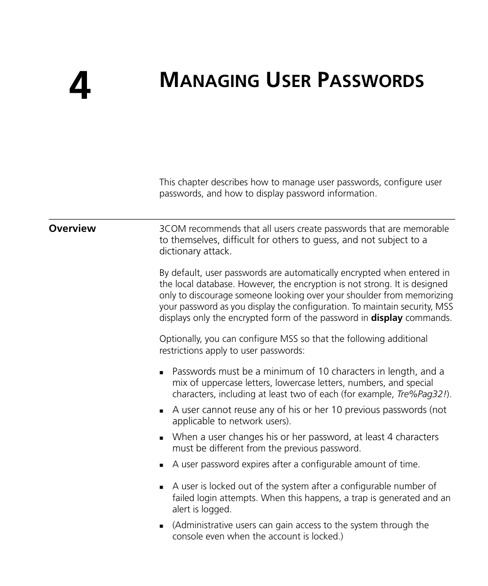 Managing user passwords, Overview, Anaging | Asswords | 3Com WX4400 3CRWX440095A User Manual | Page 65 / 728