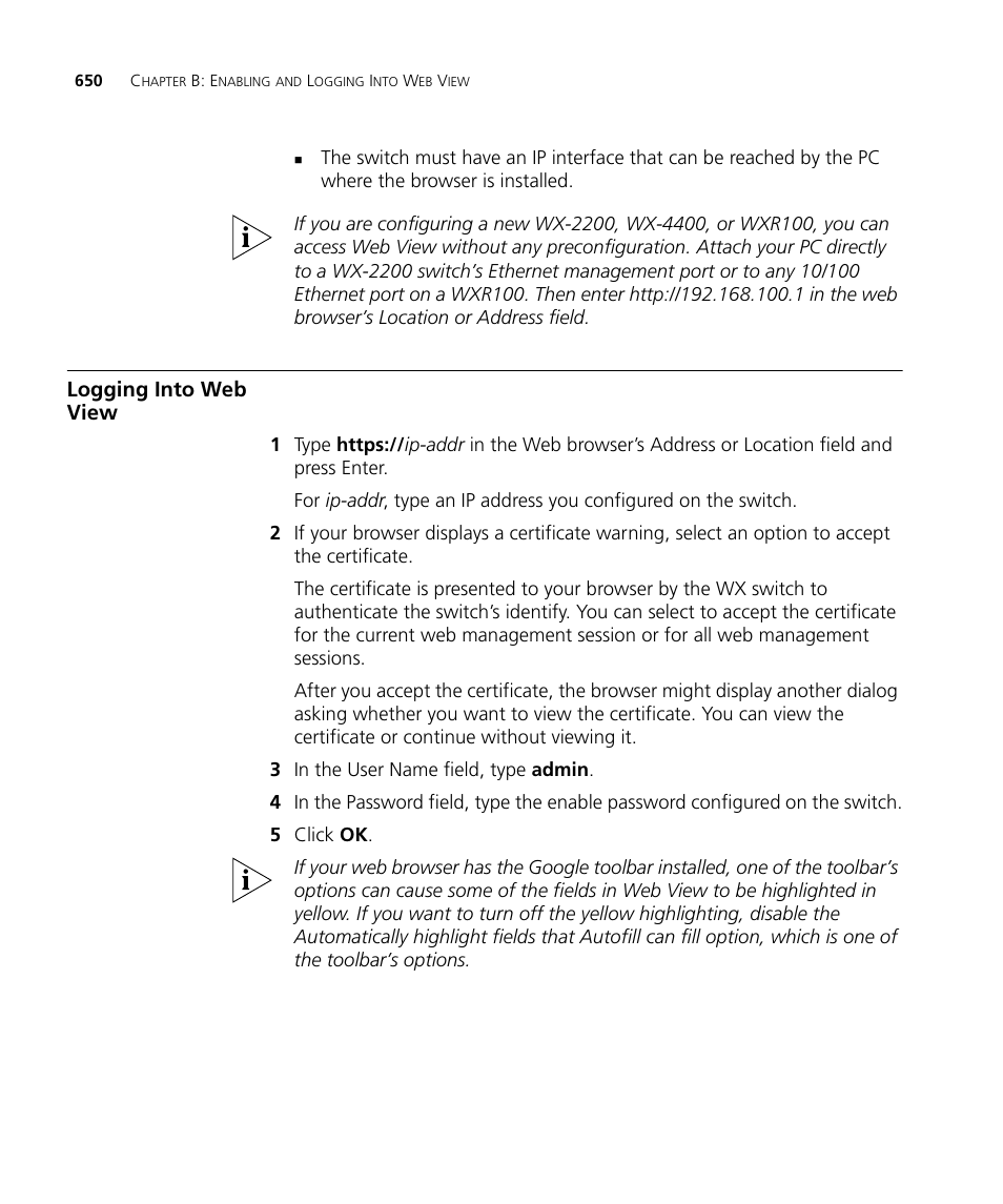 Logging into web view | 3Com WX4400 3CRWX440095A User Manual | Page 650 / 728