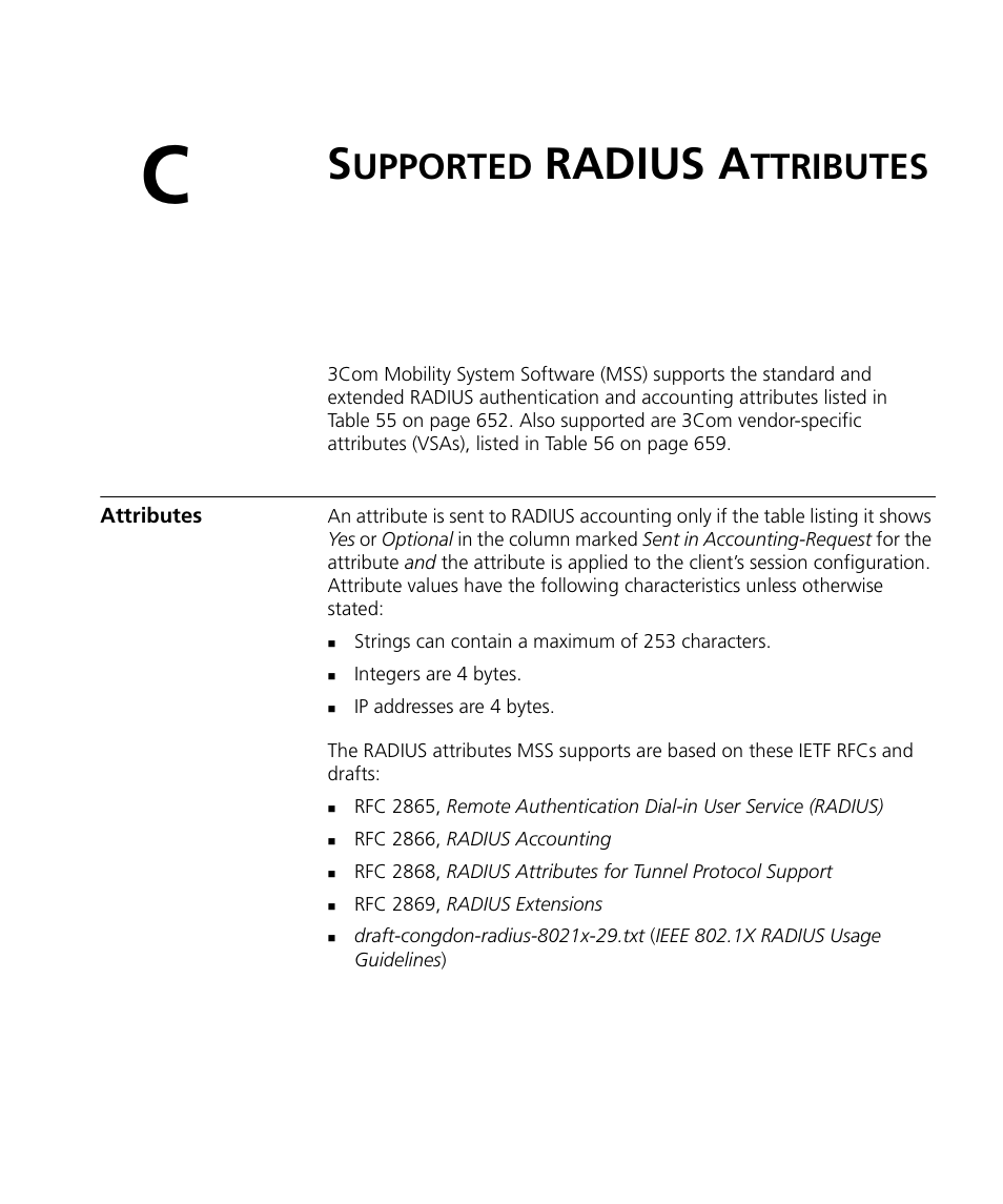 Supported radius attributes, Upported, Radius a | Ttributes, Attributes | 3Com WX4400 3CRWX440095A User Manual | Page 651 / 728