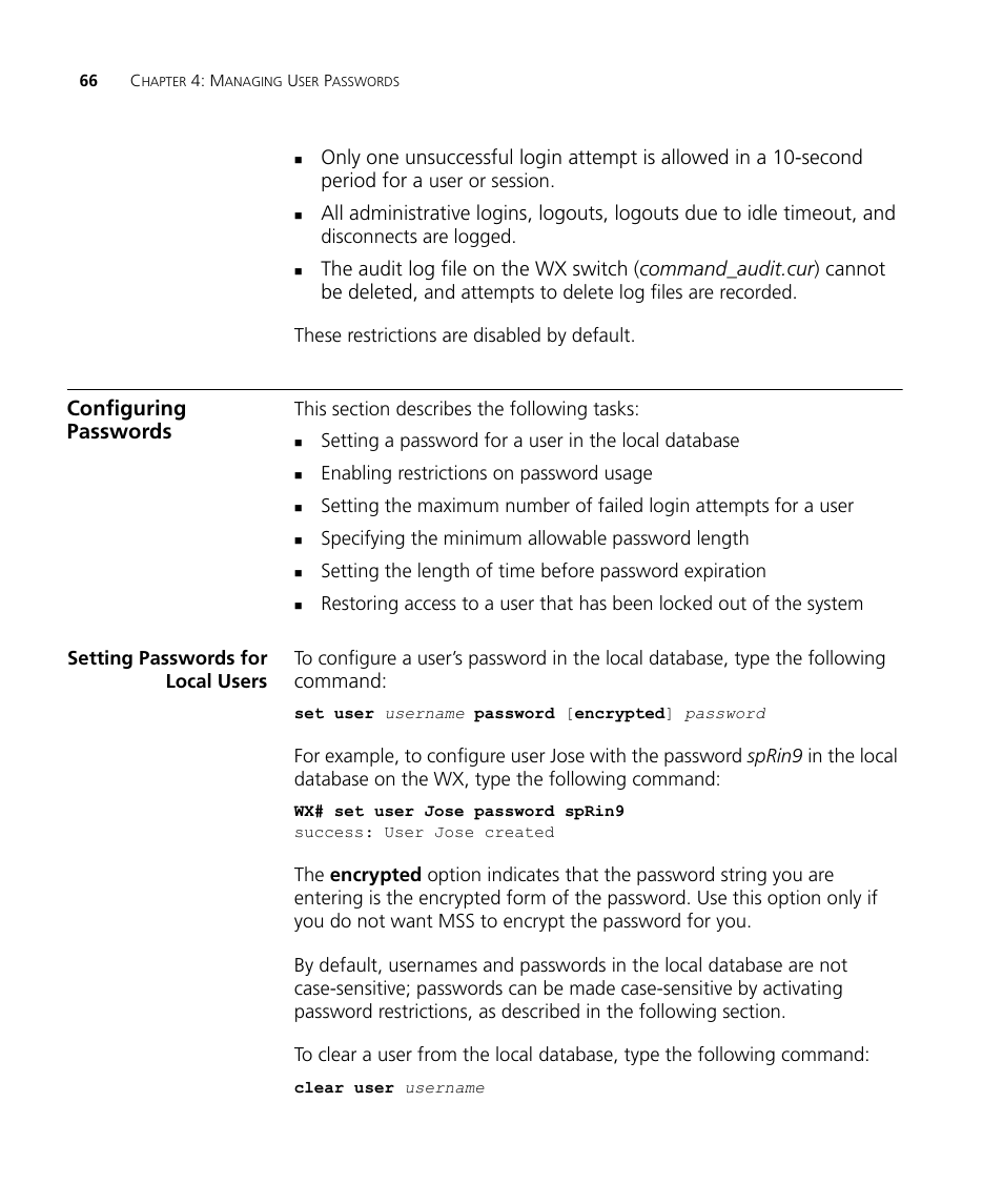 Configuring passwords, Setting passwords for local users, Command | 3Com WX4400 3CRWX440095A User Manual | Page 66 / 728