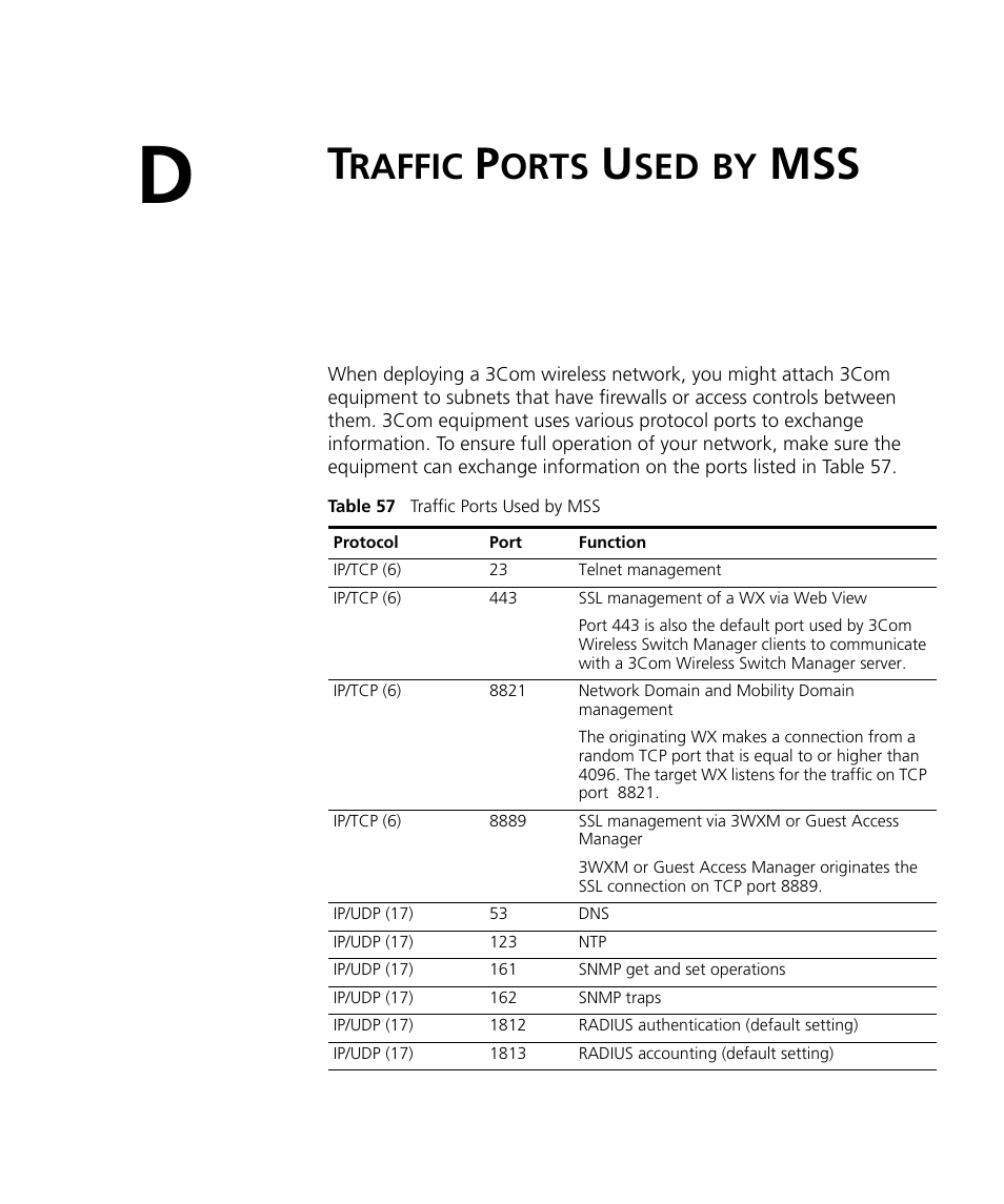 Traffic ports used by mss, Raffic, Orts | 3Com WX4400 3CRWX440095A User Manual | Page 661 / 728