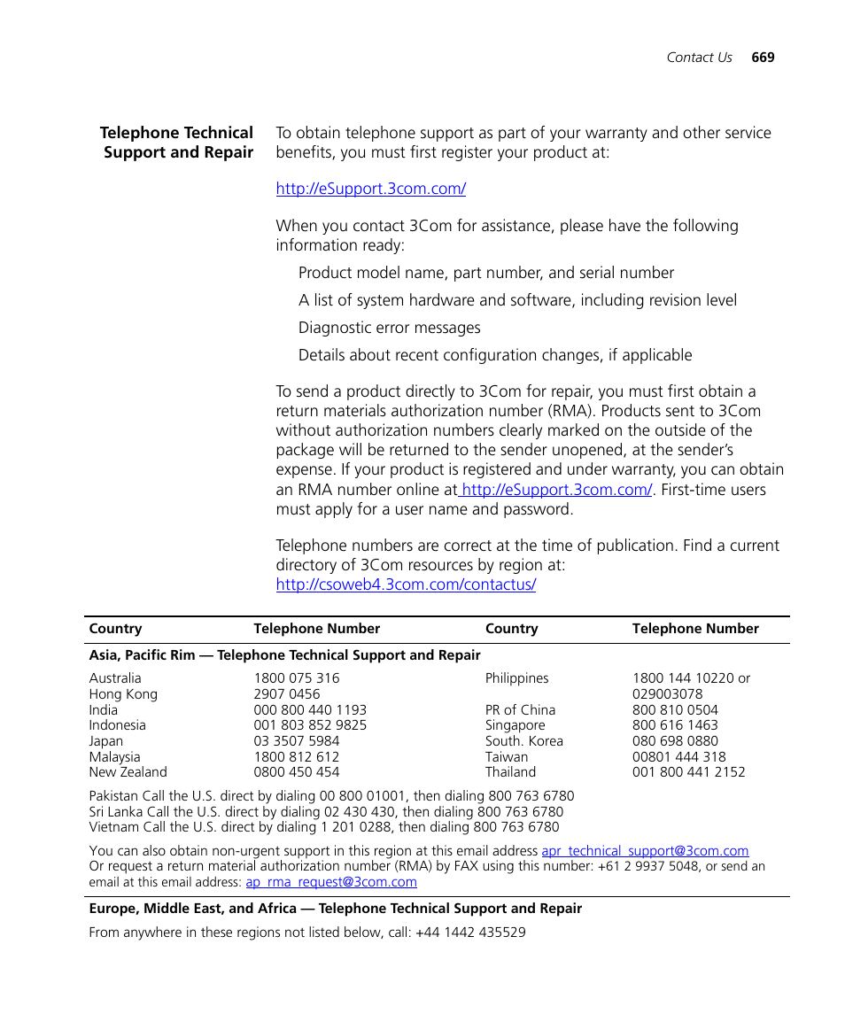 Telephone technical support and repair | 3Com WX4400 3CRWX440095A User Manual | Page 669 / 728