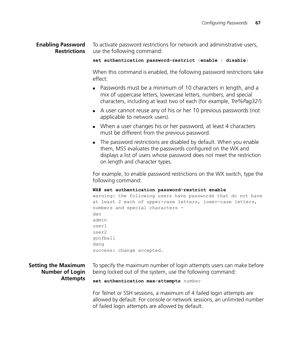 Enabling password restrictions, Setting the maximum number of login attempts | 3Com WX4400 3CRWX440095A User Manual | Page 67 / 728