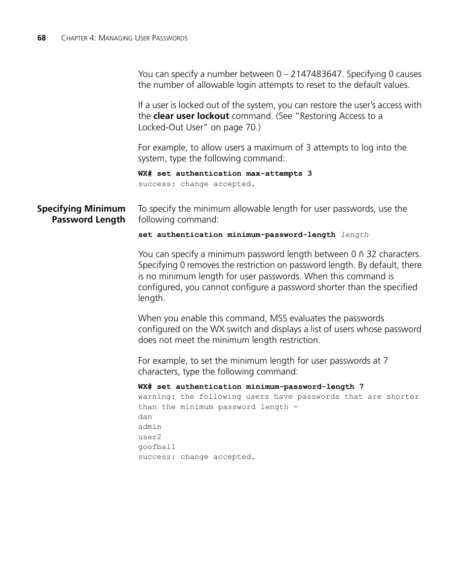 Specifying minimum password length | 3Com WX4400 3CRWX440095A User Manual | Page 68 / 728