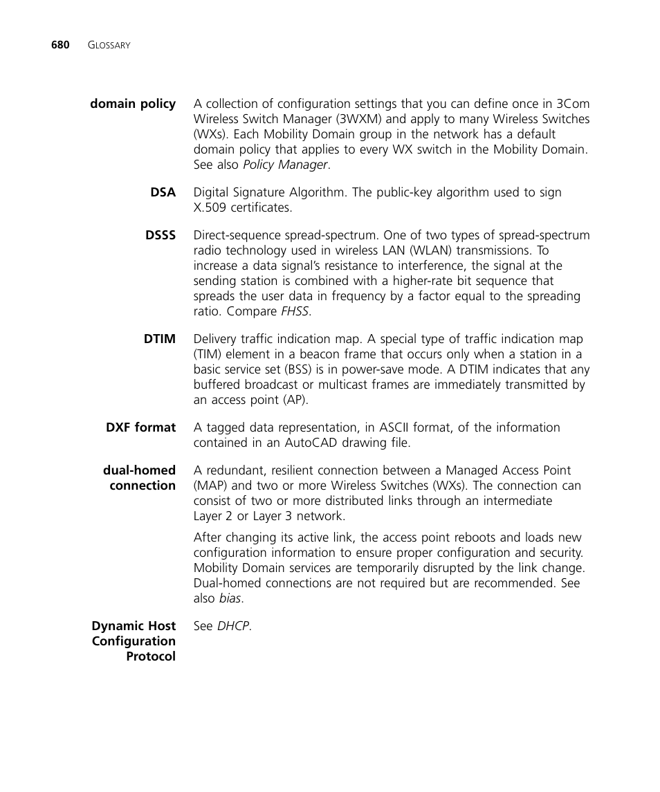 Dual-homed connection, Dtim, Dsss | 3Com WX4400 3CRWX440095A User Manual | Page 680 / 728